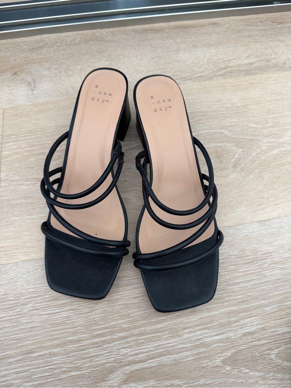 a new day Black Multi-Strap Square Toe Block Heel Sandal